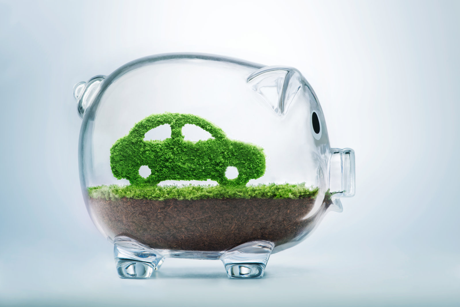 Grünes Energiekonzept mit Gras, das in Form eines Autos in einem transparenten Sparschwein wächst